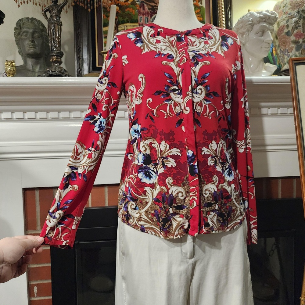 Dana Buchman Womens Medium Red Floral Preppy Glam Button Upโ Blouse Long Sleeve